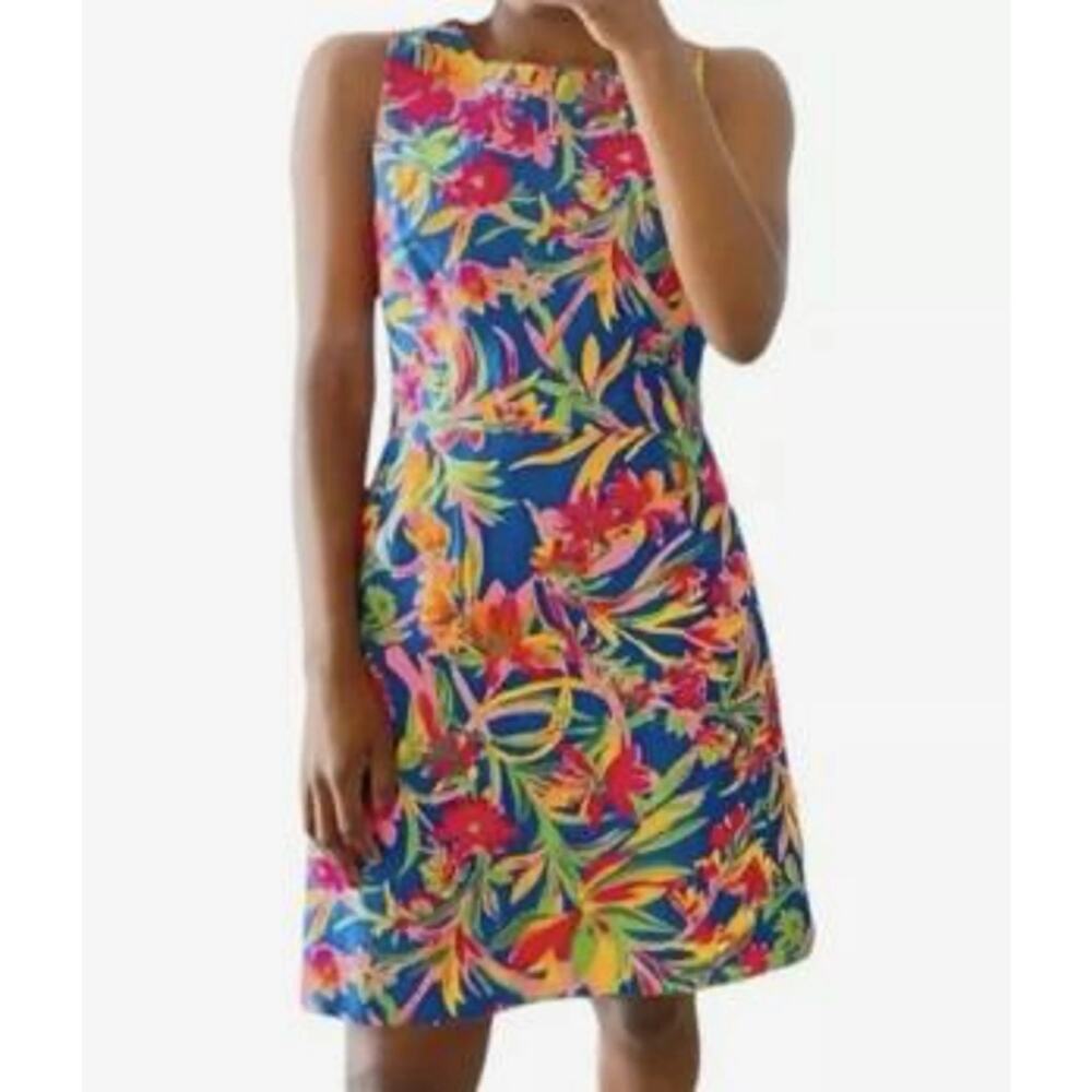 J. Crew 100% Cotton Multicolor Floral Dress Mini A-Line Tropical Colorful Zip 10